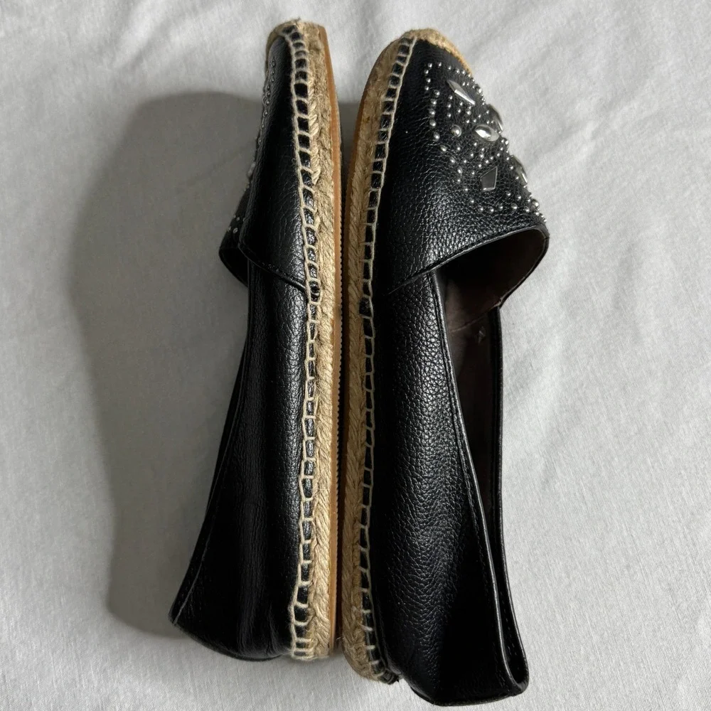 Brighton Jett Black Leather Studded Espadrille Flats Shoes Womens 10 Silver Stud